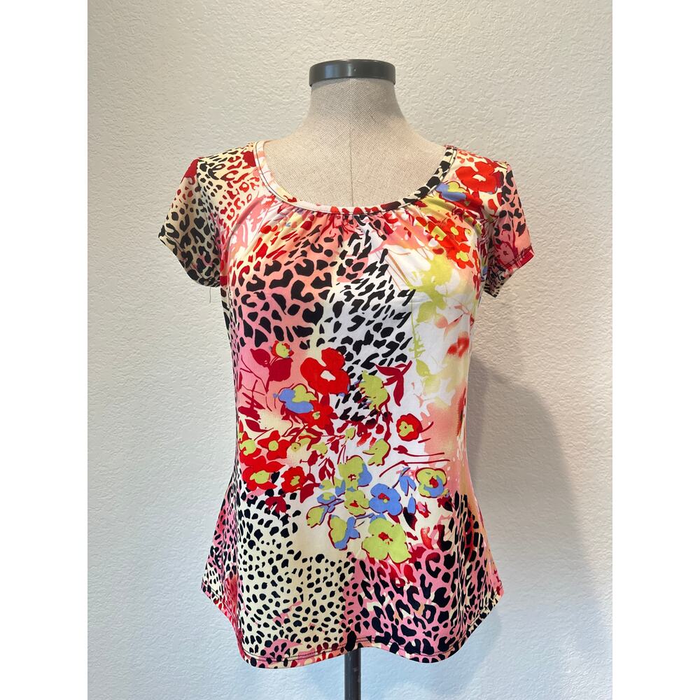 Y2K Floral Leopard Print Top S/M Stretch Baby Tee 2000s Pink Red